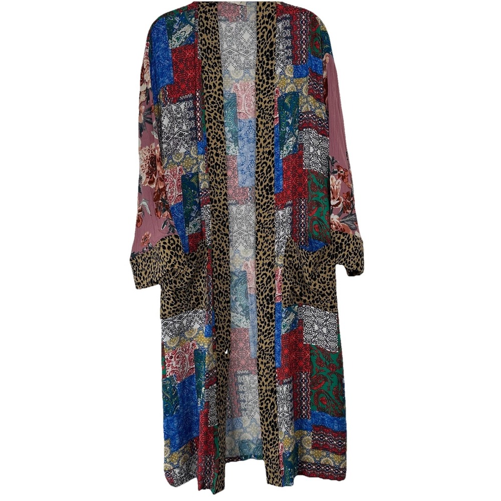 Multicolor Patchwork Kimono with Leopard Trim